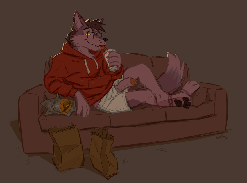 absurd_res anthro beverage burger canid canine canis clothing eyewear fast_food five_guys food furniture genitals glasses hair hi_res hoodie lying_on_sofa male mammal on_sofa orf paper_bag paws penis penis_through_fly poking_out sofa solo topwear videah wolf yellow_sclera