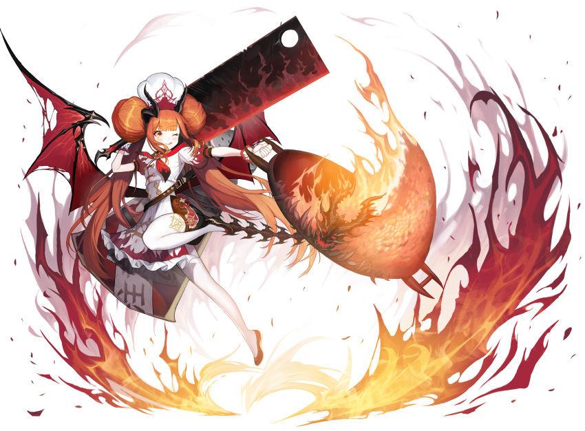 1girl black_footwear black_horns blush chef_hat cleaver cooking double_bun dragon_girl dragon_horns dragon_tail dragon_wings eyebrows_visible_through_hair fire flame flame_print food frills frying_pan gem gloves hair_bun hat highres holding holding_frying_pan holding_weapon horns huge_weapon kyundoo long_hair low_wings orange_hair original over_shoulder pepper_shaker red_neckwear red_wings rice salt_shaker scratches smile solo spikes tail talisman tongue tongue_out torn torn_wings twintails veins very_long_hair weapon weapon_over_shoulder white_background white_gloves white_headwear white_legwear wings wok yellow_eyes