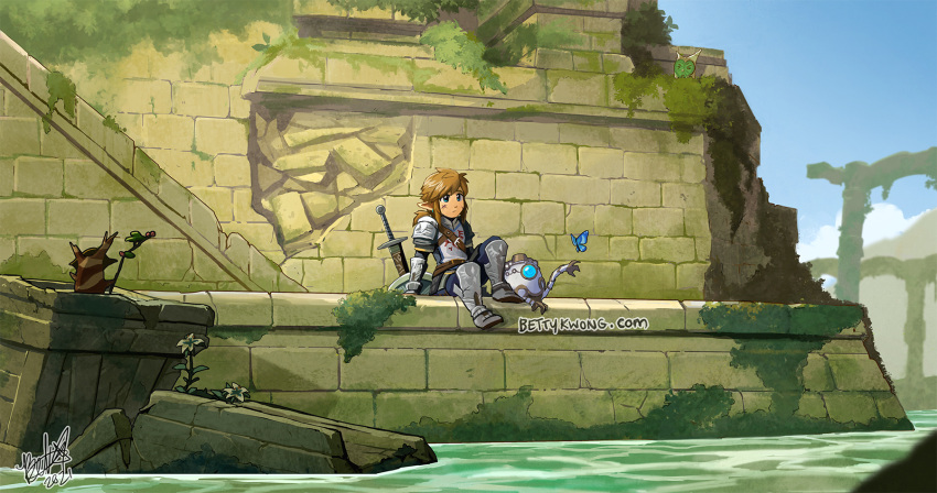 1boy armor bettykwong blonde_hair blue_eyes blue_sky bug butterfly greaves highres hyrule_warriors:_age_of_calamity korok link official_alternate_costume pointy_ears ponytail robot ruins shield short_ponytail sitting sky soldier's_set_(zelda) stick sword terrako the_legend_of_zelda the_legend_of_zelda:_breath_of_the_wild water weapon