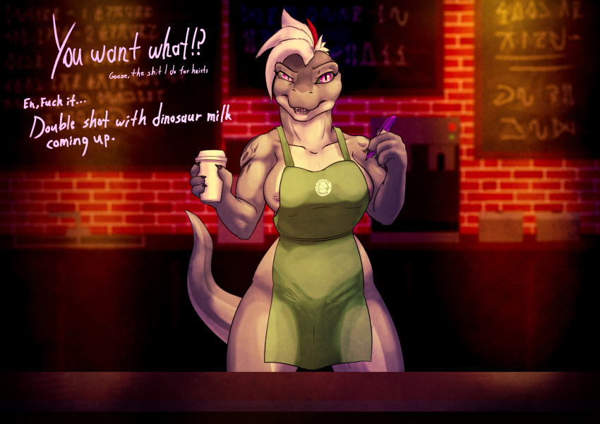 absurd_res anthro apron apron_only barista beverage breasts clothing coffee coffee_cup coffee_shop container cup dinosaur drake_tigerclaw female hi_res i_mean_breast_milk meme mostly_nude nipple_piercing nipples piercing purple_eyes reptile scalie solo theropod tyrannosaurid tyrannosaurus vasha_vinodragova