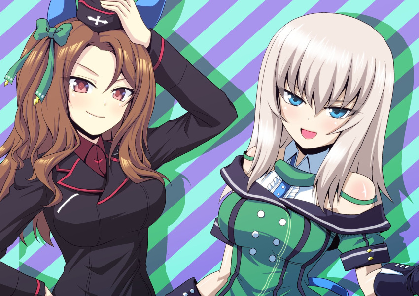 2girls animal_ears bangs black_gloves black_headwear black_jacket blue_background blue_eyes bow brown_hair center_frills closed_mouth commentary_request cosplay costume_switch crossover diagonal_stripes dress dress_shirt duplicate ear_covers eyebrows_visible_through_hair frills garrison_cap girls_und_panzer gloves green_background green_dress hair_bow halterneck hand_on_headwear hand_on_hip hat highres horse_ears horse_girl insignia itsumi_erika jacket kamishima_kanon king_halo_(umamusume) kuromorimine_military_uniform long_hair long_sleeves looking_at_viewer medium_hair military military_hat military_uniform multiple_girls off-shoulder_dress off_shoulder open_mouth partial_commentary pixel-perfect_duplicate red_eyes red_shirt shirt side-by-side silver_hair smile standing striped striped_background umamusume uniform white_shirt wing_collar