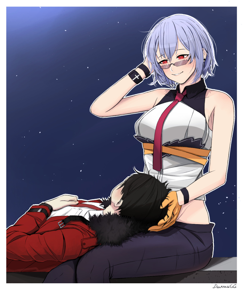 1boy 1girl arm_behind_head artist_name bangs black_hair black_pants blue_hair blush commander_(girls'_frontline) darkpulsegg eyebrows_visible_through_hair girls'_frontline glasses hand_on_own_head highres jacket lap_pillow looking_at_another lying_on_person necktie pants red_eyes red_jacket red_necktie shirt short_hair simple_background sitting smile starry_background thompson_(girls'_frontline) white_shirt