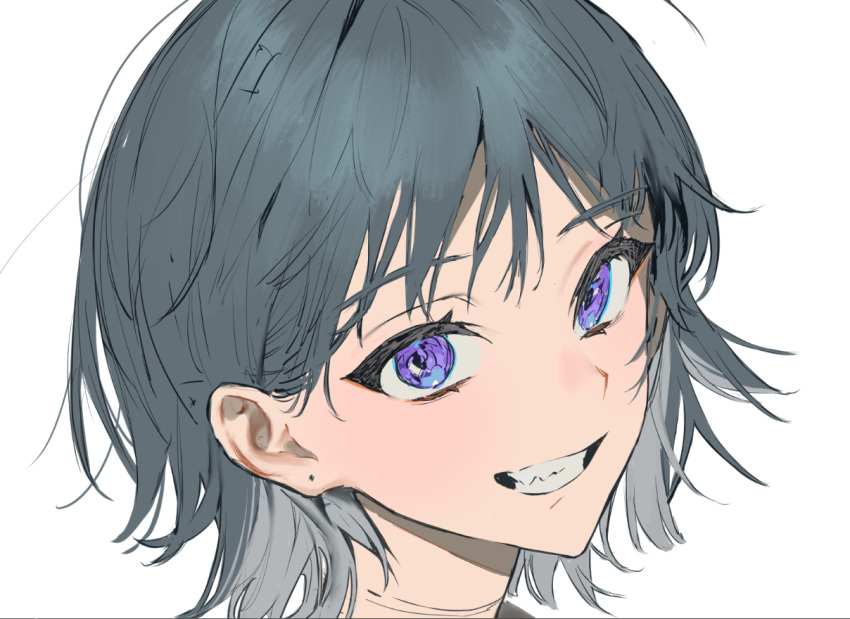 1girl commentary_request eyebrows_visible_through_hair face grey_hair grin looking_at_viewer original piercing_hole portrait purple_eyes short_hair simple_background smile solo torino_kawazu white_background