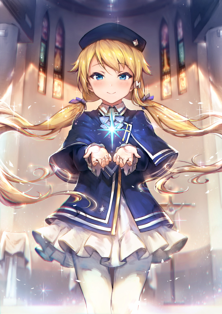 1girl bangs beret blonde_hair blue_eyes cathedral closed_mouth commentary_request dress eyebrows_visible_through_hair facing_viewer fingernails hair_ribbon haoni hat highres long_hair looking_at_viewer magi_in_wanchin_basilica open_hands pantyhose ribbon smile solo twintails very_long_hair white_legwear xiao_ma