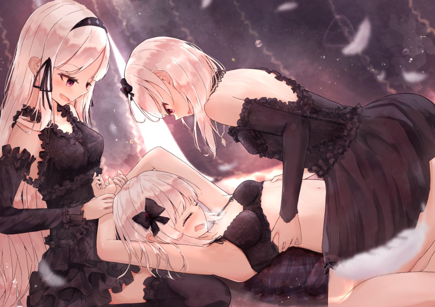 3girls absurdres bangs bare_shoulders benevole black_bow black_bra black_dress black_ribbon blush bow bra closed_eyes commentary_request curtains dress facing_another frills gothic_lolita hair_bow hair_ribbon highres holding_another's_wrist incest jewelry kneeling lolita_fashion long_hair looking_at_another lying medium_hair multiple_girls necklace on_back original pink_eyes ribbon siblings sisters sitting tickling underwear very_long_hair white_hair yuri