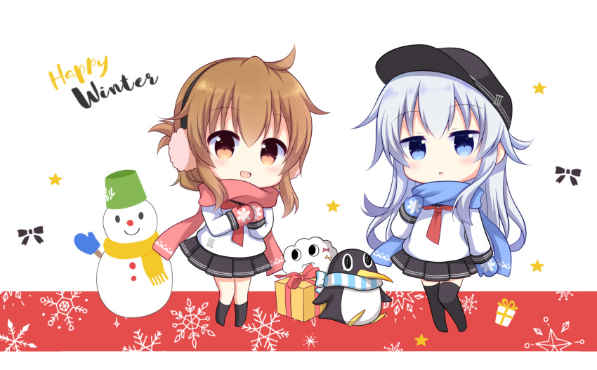 2girls black_headwear black_legwear black_sailor_collar black_skirt blue_eyes blue_mittens blue_scarf blush box brown_eyes brown_hair eyebrows_visible_through_hair failure_penguin flat_cap folded_ponytail full_body gift gift_box hair_between_eyes hat hibiki_(kancolle) inazuma_(kancolle) kantai_collection kashiwadokoro kneehighs long_hair long_sleeves miss_cloud mittens multiple_girls neckerchief open_mouth pleated_skirt red_mittens red_neckerchief red_scarf sailor_collar scarf school_uniform serafuku silver_hair skirt snowflake_background snowflake_print snowflakes snowman star_(symbol) thighhighs