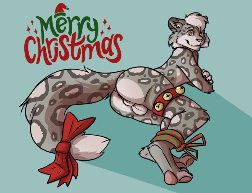 anthro balls bdsm bondage bound butt christmas crossed_arms digital_media_(artwork) felid fur genitals hair holidays legs_tied leopard looking_at_viewer male male/male mammal mindoffur nude pantherine penis simple_background smile snow_leopard solo spots