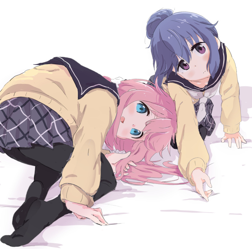 2girls bangs black_legwear black_sailor_collar blue_eyes blue_hair blush closed_mouth commentary_request eyebrows_visible_through_hair full_body hair_between_eyes hair_bun highres kagamihara_nadeshiko kneeling long_hair long_sleeves looking_at_viewer multiple_girls murairamuraiari neckerchief open_mouth pantyhose patterned_clothing pink_hair pleated_skirt purple_eyes sailor_collar shima_rin skirt sweater white_background white_neckerchief yellow_sweater yurucamp