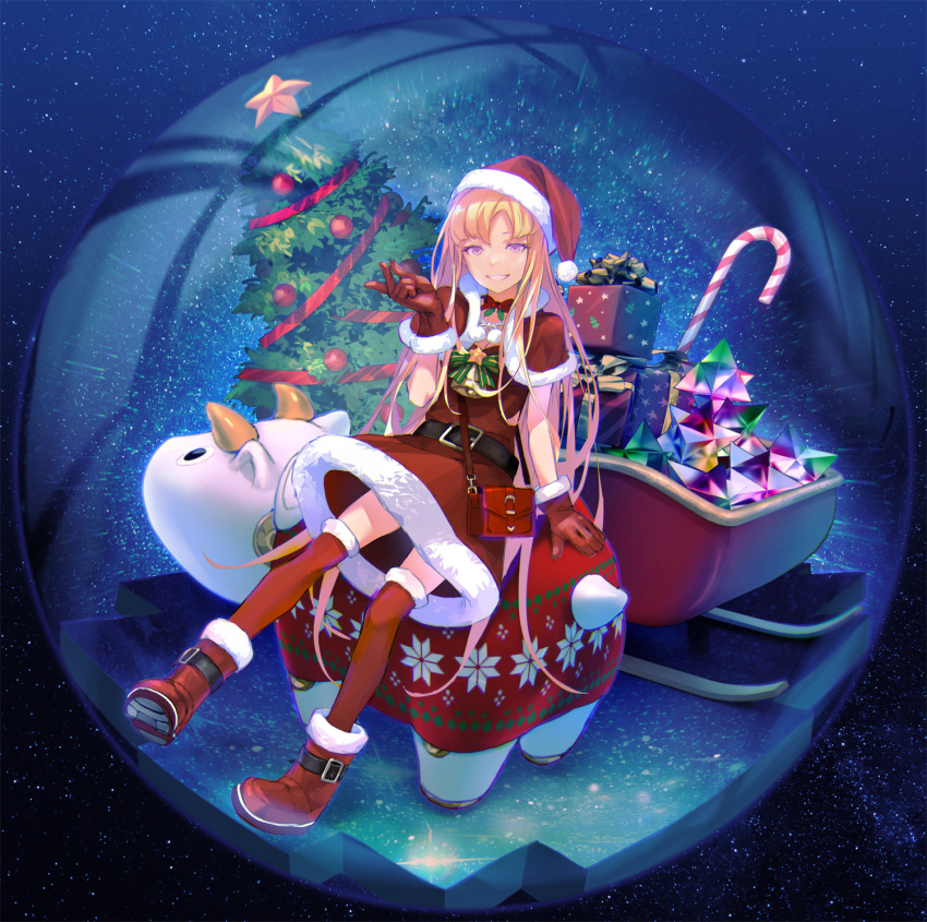 1girl bag belt blonde_hair boots bull candy candy_cane christmas_tree europa_(fate) fate/grand_order fate_(series) food gloves handbag hat highres long_hair purple_eyes red_gloves redjuice saint_quartz_(fate) santa_dress santa_hat sleigh starry_background thighhighs