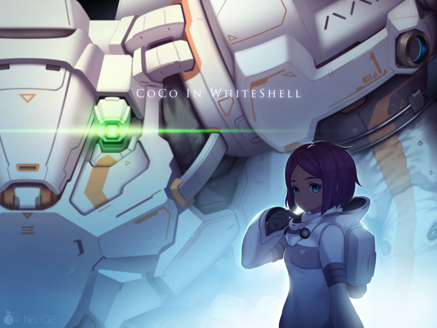 1girl blue_eyes character_name coco_mercury dark-skinned_female dark_skin english_text highres last_origin looking_at_viewer mecha navel purple_hair revision robot shade short_hair skindentation smile solo spacesuit toriseru_(thesuperhero) whiteshell