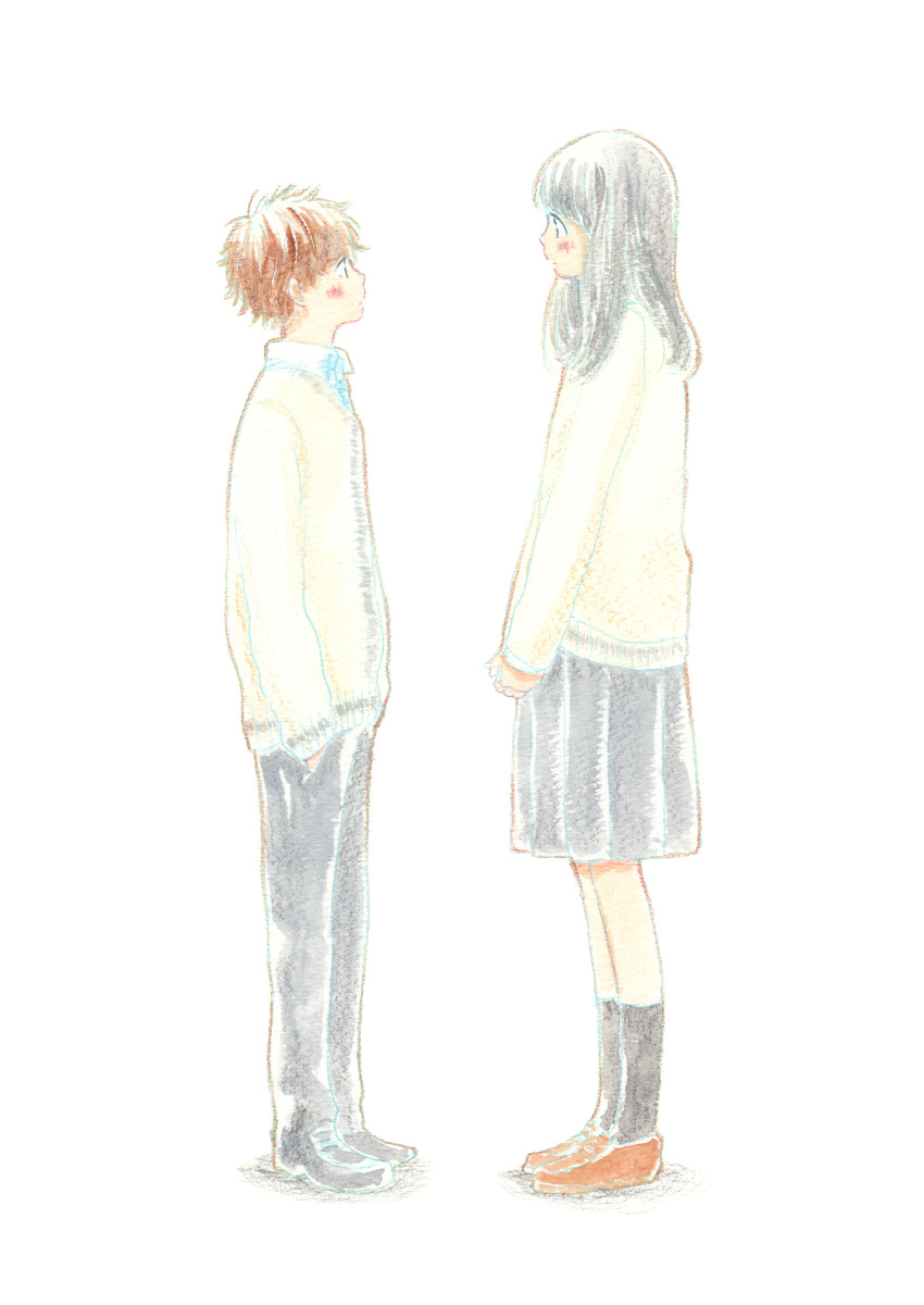 1boy 1girl :| absurdres backlighting bangs beige_cardigan black_eyes black_hair black_legwear black_pants black_skirt blush brown_footwear brown_hair cardigan character_request closed_mouth colored_pencil_(medium) crayon_(medium) expressionless eye_contact from_side hair_over_shoulder hands_in_pockets height_difference highres itunohika kimi_made_ato_mou_sukoshi legs_together light_brown_hair loafers long_hair long_sleeves looking_at_another medium_skirt own_hands_clasped own_hands_together pale_color pants pleated_skirt profile school_uniform shoes simple_background sketch skirt socks standing tall tall_female tareme traditional_media v_arms white_background wing_collar yellow_cardigan