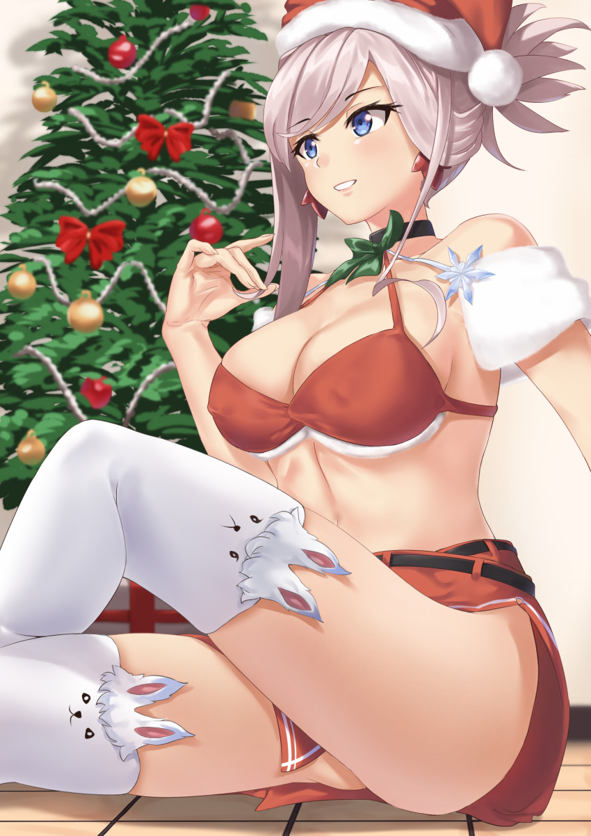 1girl arm_up asymmetrical_hair bikini black_choker blue_eyes breasts choker christmas_tree cleavage crossed_legs earrings eyebrows_visible_through_hair fate/grand_order fate_(series) fur-trimmed_bikini_top fur-trimmed_headwear green_ribbon hat highres jewelry large_breasts long_hair looking_away miniskirt miyamoto_musashi_(fate) pink_hair playing_with_own_hair ponytail red_headwear red_skirt ribbon ryouya santa_bikini santa_costume santa_hat simple_background sitting skirt smile snowflake_ornament swimsuit thighhighs white_legwear