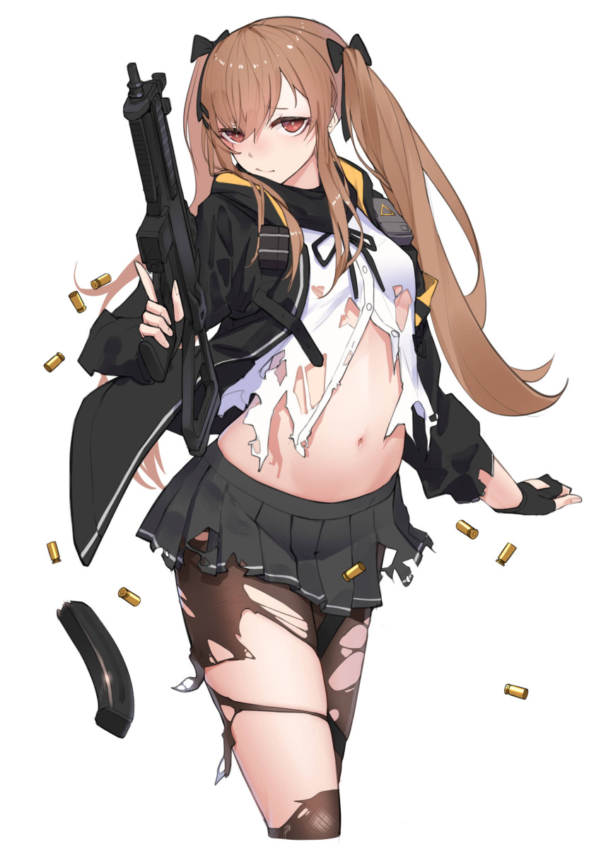 1girl absurdres apple_field black_gloves black_jacket black_legwear black_skirt brown_eyes brown_hair fingerless_gloves girls'_frontline gloves gun h&amp;k_ump9 heckler_&amp;_koch highres holding holding_gun holding_weapon jacket long_hair long_sleeves miniskirt navel pantyhose pleated_skirt rifle scar scar_across_eye shirt skirt solo submachine_gun torn_clothes torn_legwear torn_shirt torn_skirt twintails ump9_(girls'_frontline) weapon white_shirt