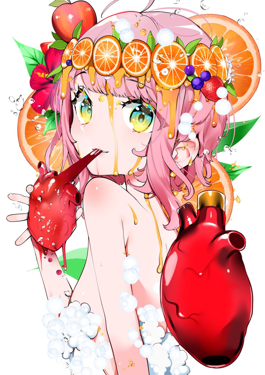 1girl apple aqua_eyes bangs blueberry_hair_ornament blunt_bangs breasts convenient_censoring curly_hair dripping eating flower food food-themed_hair_ornament fruit gradient_eyes hair_flower hair_ornament heart_(organ) highres juice leaf_hair_ornament liquid looking_at_viewer looking_back multicolored_eyes nude orange_(fruit) orange_slice original pink_hair short_hair small_breasts soap_bubbles soap_censor solo strawberry watariganikun white_background yellow_eyes