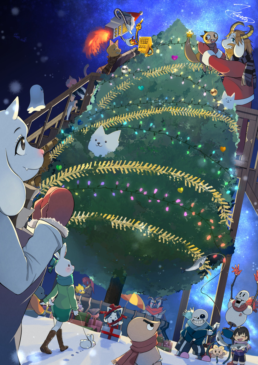 absurd_res alphys annoying_dog_(undertale) anthro asgore_dreemurr bone bovid breasts canid canine canis caprine christmas clothed clothing domestic_dog felid feline fur ghost gift goat hair hi_res holidays lagomorph leporid machine mad_dummy mammal mettaton monster_kid napstablook open_mouth ornament papyrus_(undertale) plant protagonist_(undertale) rabbit reptile robot sans_(undertale) scalie simple_background skeleton spirit tem temmie_(undertale) topwear toriel tree tsurup0210 undertale undertale_(series) undyne video_games white_body