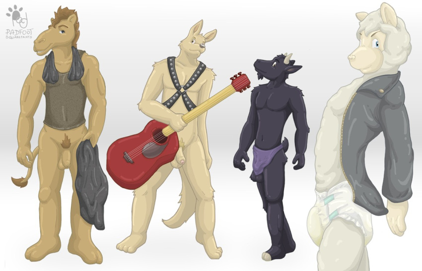 against_surface anthro balls black_body black_fur blue_eyes bodily_fluids bottomless bovid brown_eyes camel camelid caprine clothed clothing diaper flaccid foreskin fur genital_fluids genitals goat group guitar harness holding_guitar horn jacket kangaroo lambcannon leather leather_clothing leather_harness leather_jacket leather_topwear macropod male mammal marsupial musical_instrument padfoot_squarepants penis plucked_string_instrument pubes sheep sienna_nanini simple_background string_instrument tan_body tan_fur topwear urine wet_diaper wetting white_background white_body white_fur