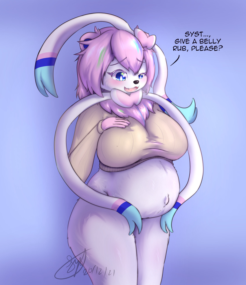 absurd_res anthro belly big_breasts breasts clothed clothed_breasts clothing eeveelution fan_character female fur hair hi_res hybrid looking_pleasured mammal mother navel ninfii_(syst) nintendo one_eye_half-closed parent partially_clothed pink_body pink_fur pink_hair pok&eacute;mon pok&eacute;mon_(species) potrait pregnant pregnant_female solo sweater sylveon syst text topwear ursid ursine video_games