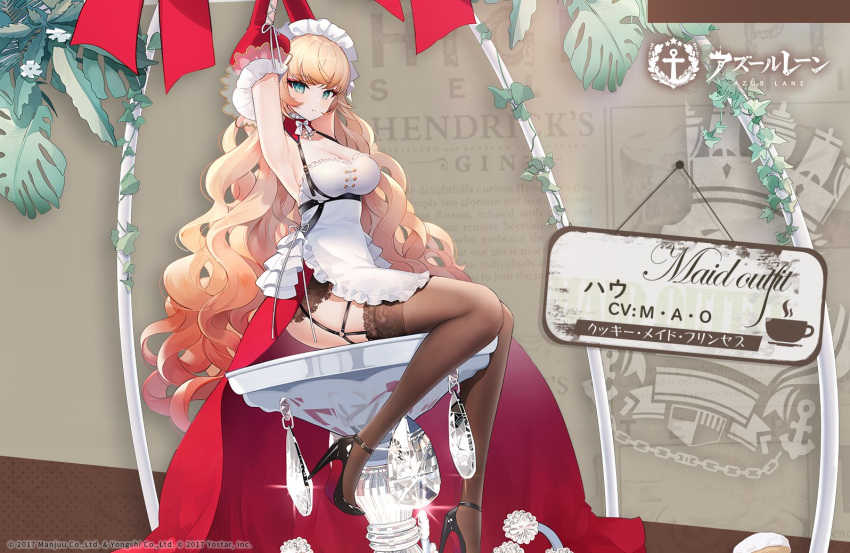 1girl armpits arms_up azur_lane black_footwear blonde_hair bound bound_wrists breasts brown_legwear commentary_request curly_hair elbow_gloves garter_straps gloves green_eyes high_heels howe_(azur_lane) jewelry large_breasts long_hair looking_at_viewer maid maid_headdress official_alternate_costume official_art promotional_art red_gloves restrained sitting snow_is thighhighs