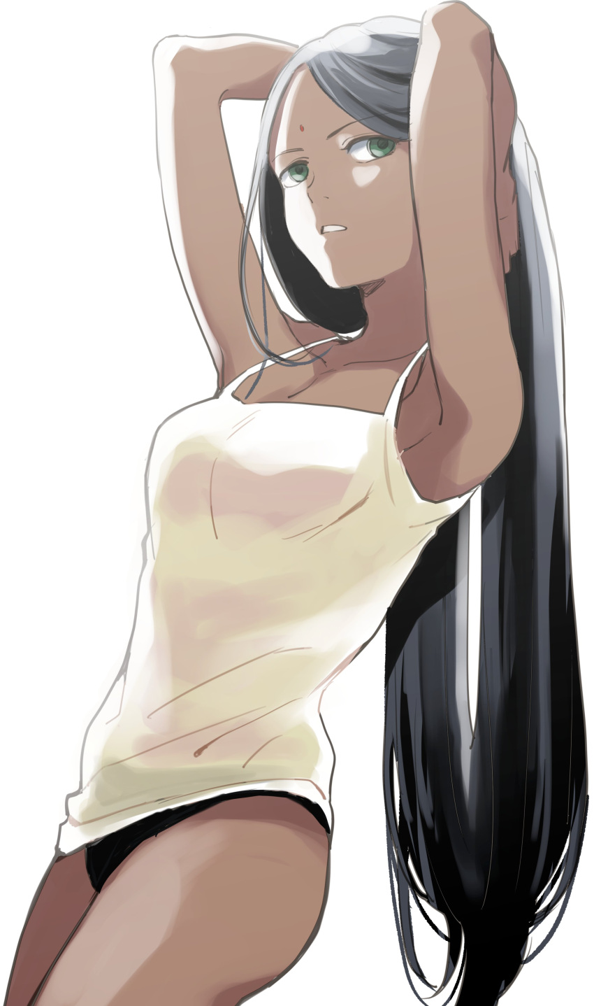 1girl absurdres armpits arms_up bare_legs black_hair black_panties collarbone dark-skinned_female dark_skin facial_mark green_eyes gundam hair_down hands_in_hair highres lalah_sune long_hair looking_at_viewer mobile_suit_gundam oh_syz panties parted_lips shirt simple_background sleeveless sleeveless_shirt solo spaghetti_strap standing straight_hair underwear very_long_hair white_background white_shirt