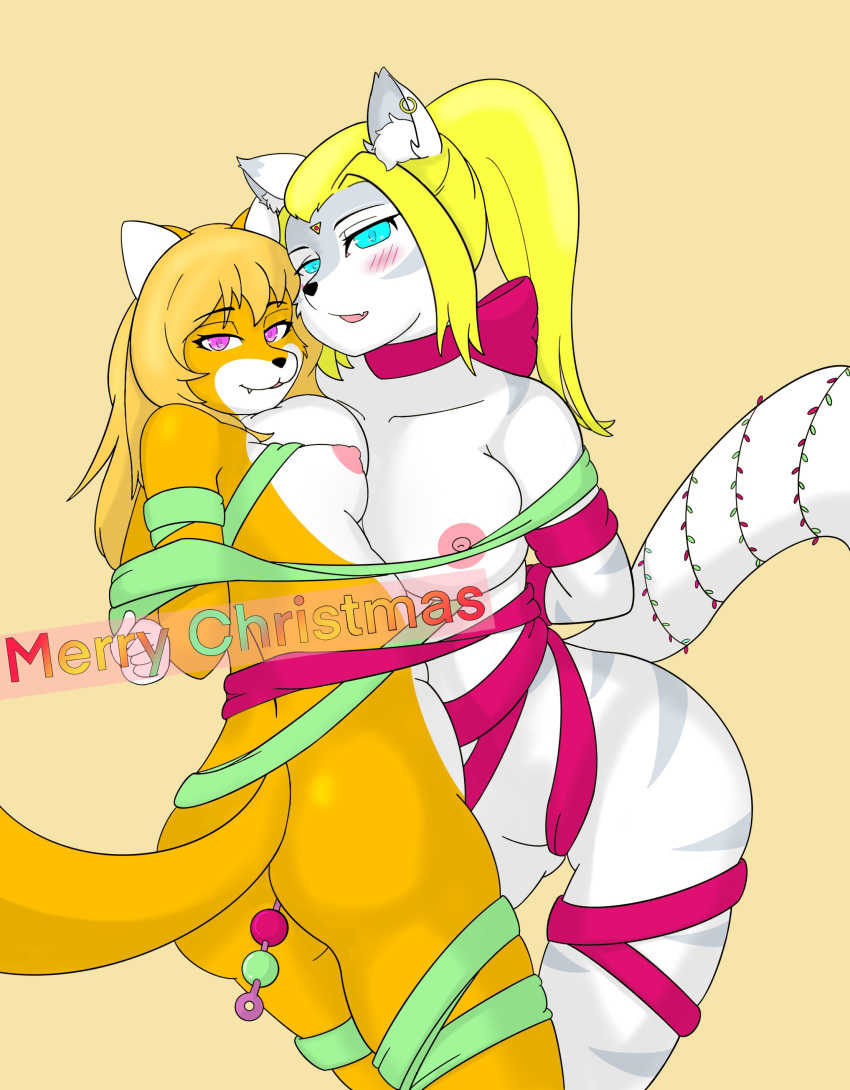 absurd_res areola big_breasts blush breasts canid canine canis christmas duo english_text female female/female fox group hair hi_res holidays humanoid imjim007 looking_at_viewer mammal nipples nude open_mouth smile text wolf