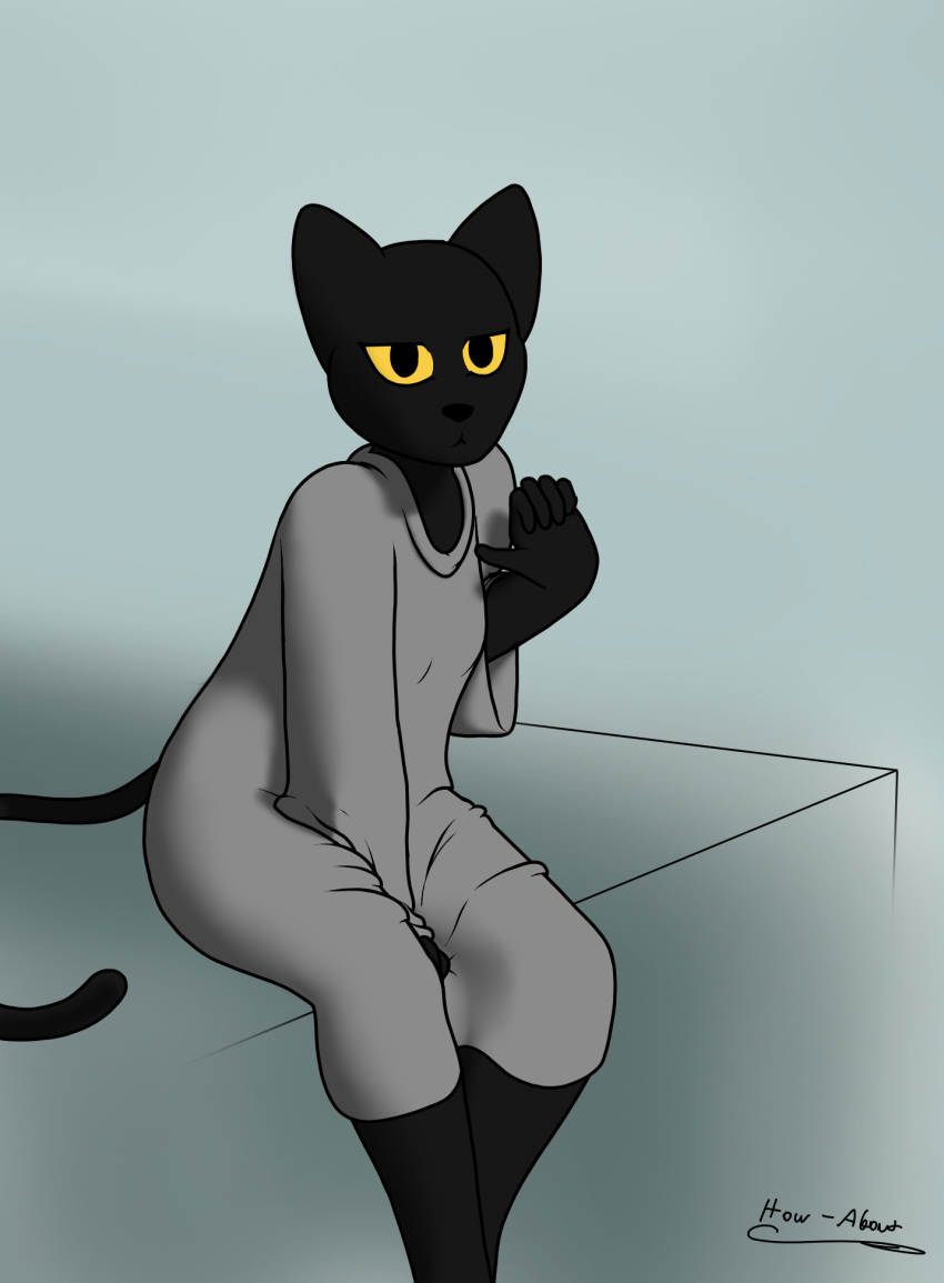 anthro baggy_clothing bare_legs black black_body black_fur bottomless clothed clothing domestic_cat felid feline felis female fur glare google google_doodle grey_clothing grey_shirt grey_topwear hand_between_legs hi_res how-about leaning leaning_forward looking_at_viewer magic_cat_academy mammal momo_(google) shirt simple_background solo topwear yellow_eyes yellow_sclera