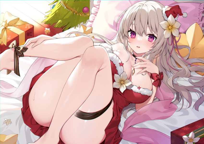 1girl absurdres anklet ass bangs banned_artist barefoot bed black_choker breasts choker christmas christmas_present christmas_tree cleavage commentary_request eyebrows_visible_through_hair flower gift grey_hair hair_between_eyes hair_flower hair_ornament hanakumo_rin_(vtuber) hat highres jewelry large_breasts long_hair looking_at_viewer lying muryotaro on_bed open_mouth pillow propro_production purple_eyes santa_dress santa_hat second-party_source solo thigh_strap thighs virtual_youtuber wooden_floor