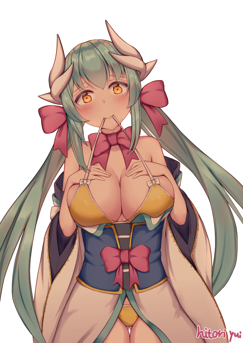 1girl absurdres bikini breasts dragon_girl dragon_horns fate/grand_order fate_(series) front-tie_bikini front-tie_top green_hair highres horns japanese_clothes kimono kiyohime_(fate) kiyohime_(swimsuit_lancer)_(fate) long_hair medium_breasts multiple_horns obi sash solo swimsuit yellow_bikini yellow_eyes