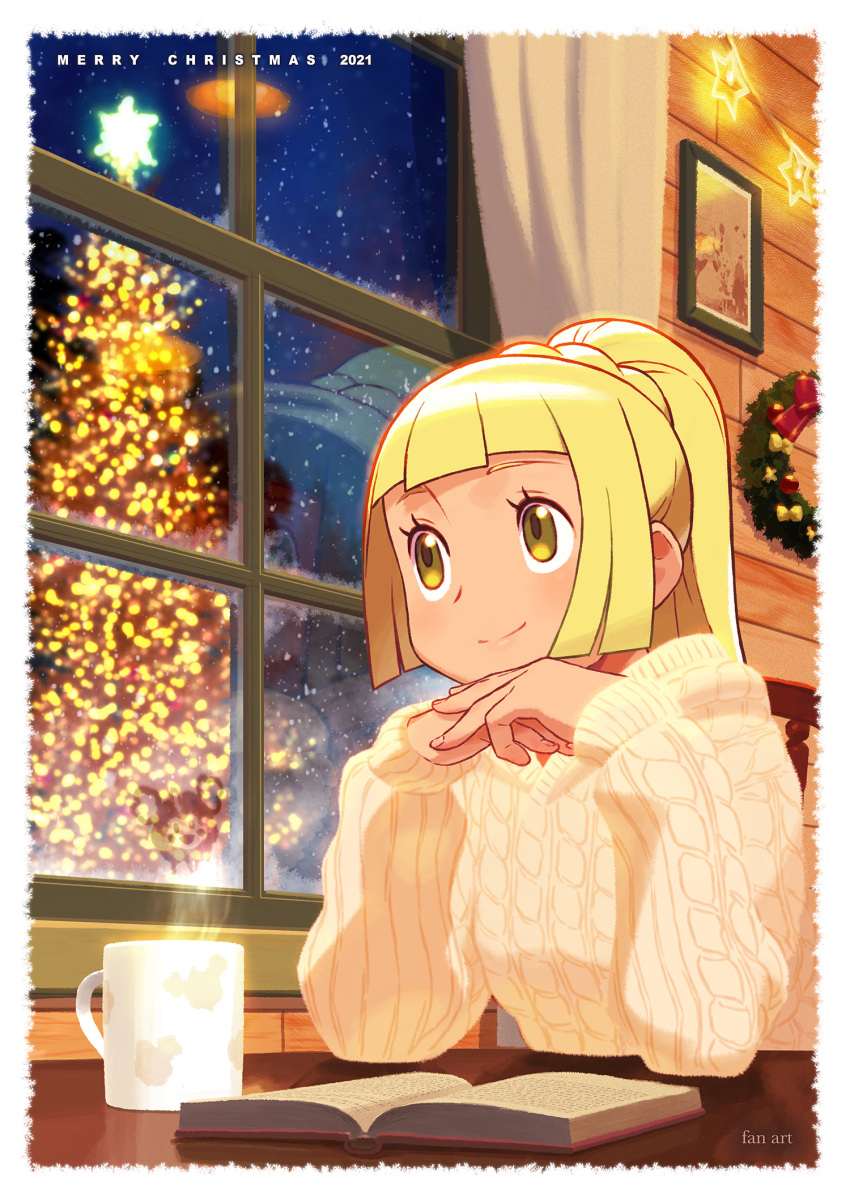 1girl alternate_costume bangs blonde_hair book border christmas christmas_tree closed_mouth commentary_request cup curtains eyelashes green_eyes hands_up high_ponytail highres indoors ishikawa_hideki lillie_(pokemon) long_sleeves mug night own_hands_together pokemon pokemon_(game) pokemon_sm revision sky smile solo star_(sky) steam sweater table white_border window wooden_wall wreath yellow_sweater