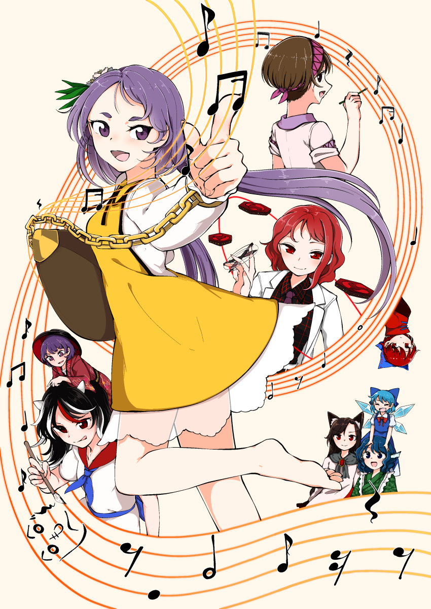 6+girls absurdres animal_ears barefoot biwa_lute black_hair blue_dress blue_eyes blue_hair bow bowl bowl_hat brooch brown_eyes brown_hair calligraphy_brush cirno double_dealing_character dress drum drumsticks green_kimono hair_bow hairband hat head_fins henohenomoheji highres horikawa_raiko horns ice ice_wings imaizumi_kagerou instrument japanese_clothes jewelry kaisenpurin kijin_seija kimono long_hair lute_(instrument) medium_hair mermaid minigirl mitsudomoe_(shape) monster_girl multicolored_hair multiple_girls music musical_note necktie open_mouth paintbrush plaid plaid_shirt purple_eyes purple_hair purple_necktie red_eyes red_hair red_kimono sekibanki shirt short_hair smile spinning streaked_hair suit_jacket sukuna_shinmyoumaru tomoe_(symbol) touhou tsukumo_benben tsukumo_yatsuhashi upside-down wakasagihime wavy_hair white_dress white_hair wings wolf_ears wolf_girl