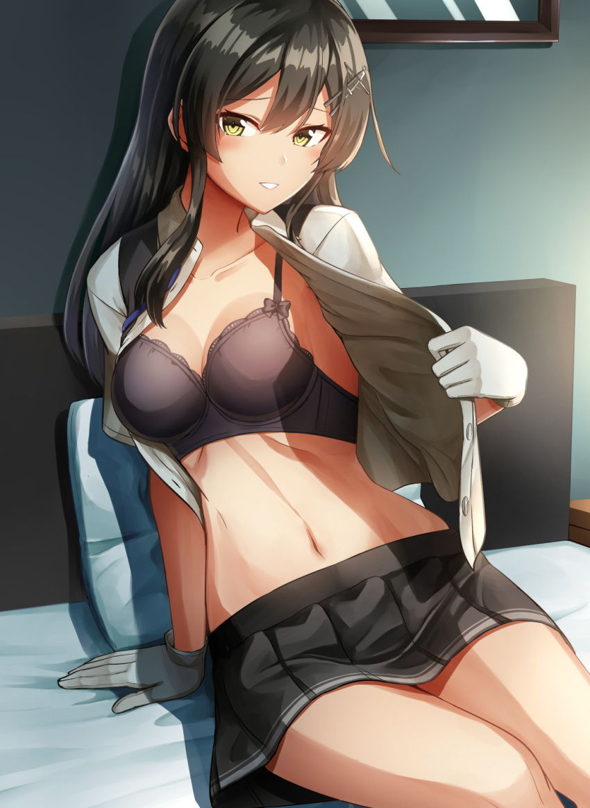 1girl bed bed_sheet black_bra black_hair black_skirt blush bra breasts buttons collarbone eyebrows_visible_through_hair gloves hair_between_eyes hair_ornament hairclip highres kamelie kantai_collection long_hair medium_breasts navel open_clothes open_mouth open_shirt oyashio_(kancolle) picture_(object) pillow pleated_skirt remodel_(kantai_collection) shirt short_sleeves skirt solo underwear white_gloves white_shirt yellow_eyes