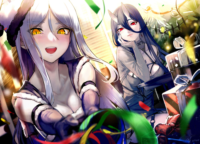 2girls abyssal_ship alternate_costume battleship_princess black_hair blush box breasts christmas cleavage closed_mouth collarbone earrings gift gift_box hair_between_eyes hand_on_own_face hat highres holding horns jewelry kantai_collection large_breasts long_hair long_sleeves multiple_girls open_mouth pale_skin party_popper pom_pom_(clothes) red_eyes round_teeth santa_hat smile ta-class_battleship teeth upper_teeth walzrj white_hair white_headwear yellow_eyes
