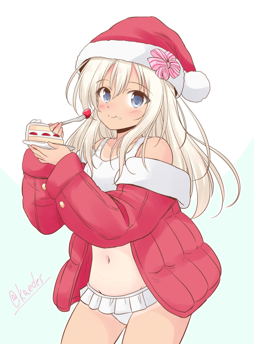 1girl bikini blonde_hair blue_eyes blush christmas closed_mouth collarbone cowboy_shot eating eyebrows_visible_through_hair food food_on_face fork fruit hair_between_eyes hat highres holding holding_fork holding_plate icesherbet jacket kantai_collection long_hair long_sleeves navel open_clothes open_jacket plate pom_pom_(clothes) red_headwear red_jacket ro-500_(kancolle) santa_hat smile solo strawberry strawberry_shortcake swimsuit tan tanlines twitter_username white_bikini