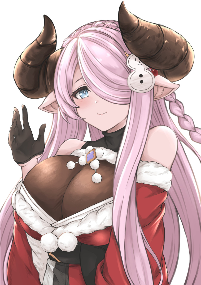 1girl absurdres black_gloves blue_eyes blush braid breasts christmas demon_horns draph dress fur-trimmed_dress fur_trim gloves granblue_fantasy hair_over_one_eye hand_up highres horns kurakura_s3 large_breasts light_purple_hair long_hair looking_at_viewer low_tied_hair narmaya_(granblue_fantasy) pointy_ears purple_hair red_dress single_braid snowman_hair_ornament solo white_background