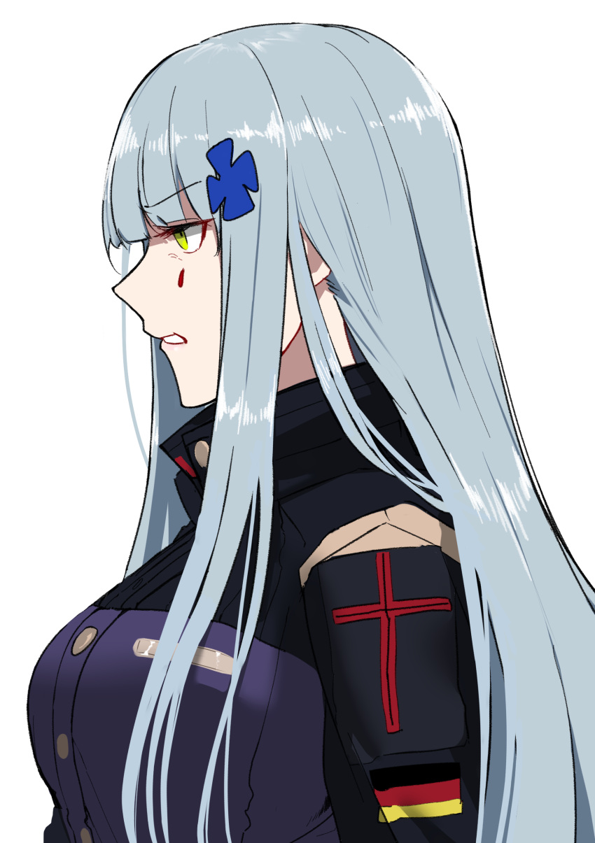 1girl absurdres angry bangs blue_hair breasts commentary_request eyebrows_visible_through_hair facial_mark from_side german_flag girls'_frontline green_eyes gwangvt highres hk416_(girls'_frontline) korean_commentary large_breasts long_hair profile scowl sidelocks simple_background solo upper_body white_background