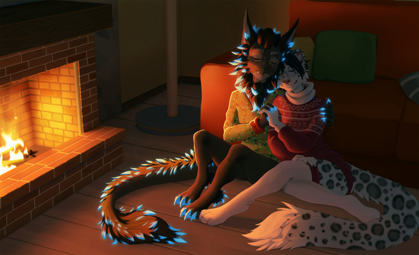2021 4_toes 5_fingers anthro black_spots clothed clothing digital_media_(artwork) duo feet felid fingers fire fur grey_body grey_fur inside male mammal pantherine rayley smile snow_leopard spots spotted_body spotted_fur toes