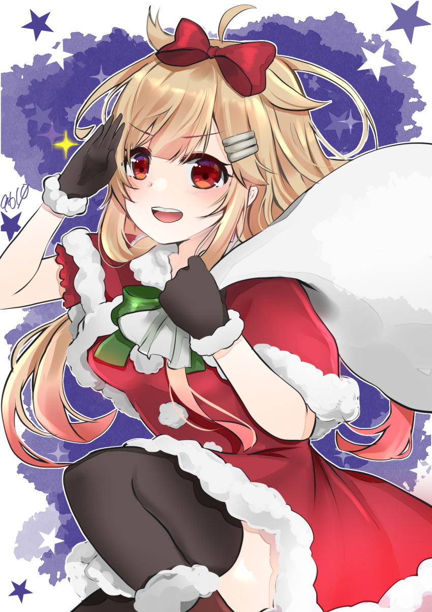 1girl black_legwear blonde_hair blush capelet christmas eiji_(monochromexd) eyebrows_visible_through_hair fur-trimmed_capelet fur_trim hair_flaps hair_ornament hairclip highres holding holding_sack kantai_collection long_hair open_mouth pom_pom_(clothes) red_capelet red_eyes remodel_(kantai_collection) sack santa_costume signature smile solo sparkle star_(symbol) teeth thighhighs upper_teeth yuudachi_(kancolle)