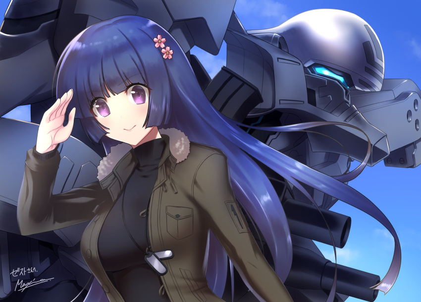 bangs black_hair breasts commission dog_tags flower gun hair_flower hair_ornament highres holding holding_gun holding_weapon long_hair makishima_azusa mecha medium_breasts muvluv muvluv_alternative muvluv_unlimited:_the_day_after purple_eyes salute science_fiction second-party_source sendou_yuzuka signature skeb_commission sky tactical_surface_fighter type_94_shiranui v-shaped_eyebrows visor weapon