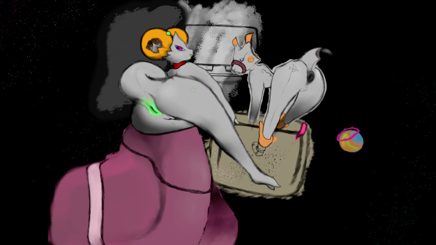 anthro anus black_anus collar duo female fur green_anus grey_body grey_fur hi_res kejn_igbet looking_back nude null_zeta oawn_werty_jerrio_odine planet planetoid puffy_anus purple_eyes raised_tail space traitors_avatar