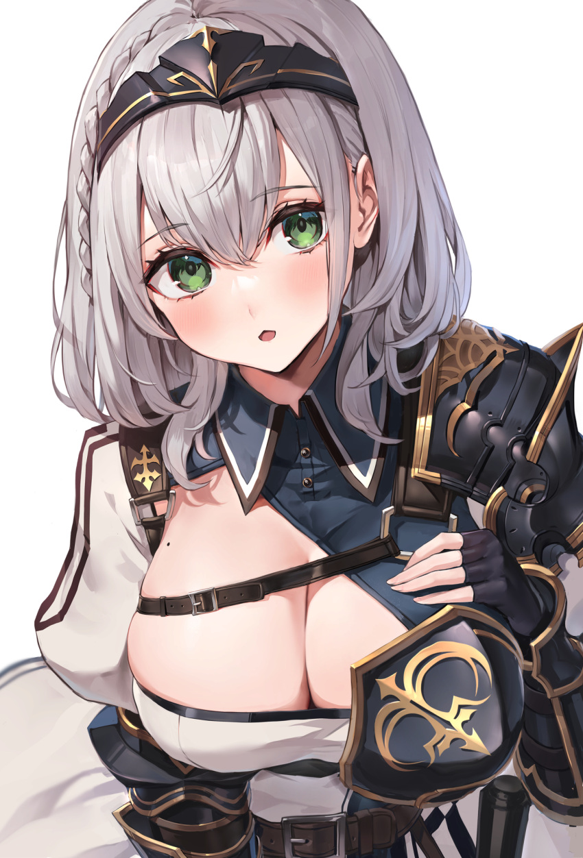1girl armor bangs black_gloves blush breasts chest_guard chest_strap chestnut_mouth cleavage fingerless_gloves gloves greaves green_eyes hairband highres hololive large_breasts looking_at_viewer mole mole_on_breast open_mouth oyu_(sijimisizimi) pauldrons puffy_sleeves shirogane_noel short_hair shoulder_armor silver_hair single_pauldron solo virtual_youtuber