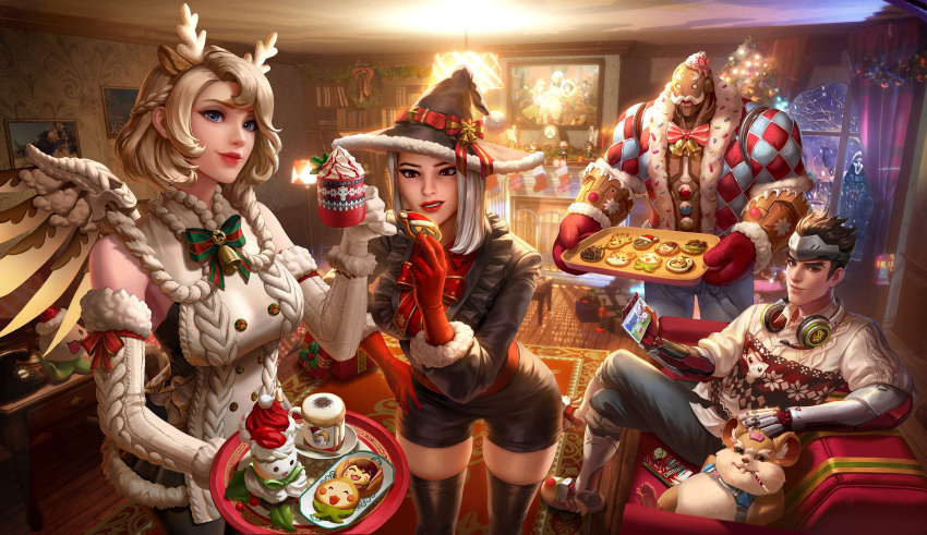 2girls absurdres alternate_hairstyle ashe_(overwatch) baking_sheet blonde_hair blue_eyes bob_(overwatch) book bookshelf brown_hair candy candy_cane christmas christmas_lights christmas_present christmas_stocking christmas_sweater christmas_tree coffee_mug cookie crossed_legs cup cyborg d.va_(overwatch) dospi english_commentary fireplace food food_in_mouth genji_(overwatch) gift hammond_(overwatch) hamster hat headphones highres indoors junkrat_(overwatch) lipstick makeup medium_hair mei_(overwatch) mercy_(overwatch) mittens mouth_hold mug multiple_boys multiple_girls omnic ornament overwatch pachimari reaper_(overwatch) red_eyes roadhog_(overwatch) rug santa_hat short_hair shorts sitting thighhighs thighs tracer_(overwatch) white_hair window winter