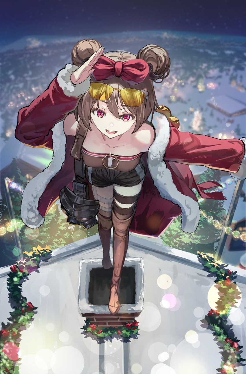 1girl bangs boots bow breasts chimney choker christmas collarbone double_bun eyewear_on_head girls'_frontline gloves hair_bow hair_ornament highres korean_commentary light_brown_hair looking_at_viewer medium_breasts night official_alternate_costume open_mouth p90_(girls'_frontline) p90_(scarlet_turbo)_(girls'_frontline) red_bow red_eyes rooftop short_hair shorts smile solo sunglasses thighhighs vikpie
