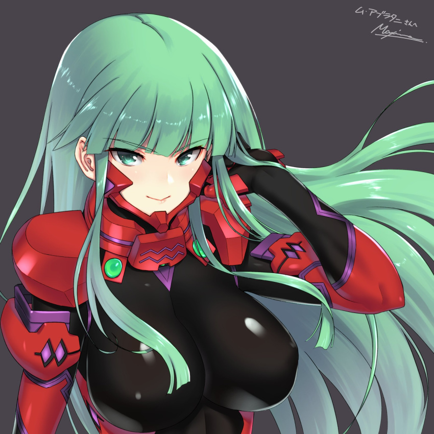 bangs breasts commission covered_nipples floating_hair fortified_suit green_eyes green_hair grey_background hair_behind_ear hand_in_hair highres large_breasts long_hair makishima_azusa muvluv muvluv_alternative pilot_suit second-party_source signature skeb_commission skin_tight smile tsukuyomi_mana upper_body v-shaped_eyebrows