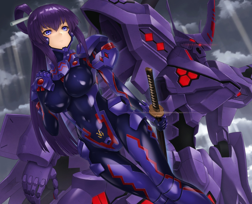 1girl blue_eyes breasts cloud cloudy_sky commission covered_navel covered_nipples eyebrows_visible_through_hair fortified_suit glowing glowing_eye head_tilt highres holding holding_sword holding_weapon katana koubuin_yuuhi kurione_(zassou) large_breasts long_hair looking_up mecha muvluv muvluv_alternative open_hand pilot_suit ponytail purple_hair red_eyes science_fiction skeb_commission sky sunlight sword tactical_surface_fighter takemikazuchi_(muvluv) weapon