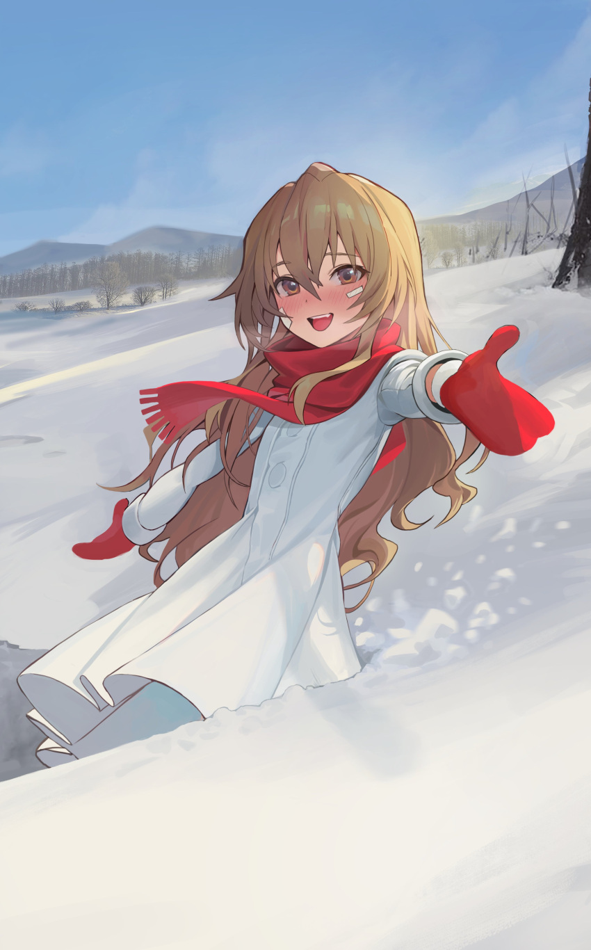 1girl :d absurdres aisaka_taiga bandaid bandaid_on_face bangs blush brown_eyes brown_hair buttons day fang forest gloves hair_between_eyes highres jacket long_hair moon_(yfsp7823) mountainous_horizon nature outdoors outstretched_arms red_gloves red_scarf scarf smile snow teeth toradora! tree upper_teeth white_jacket