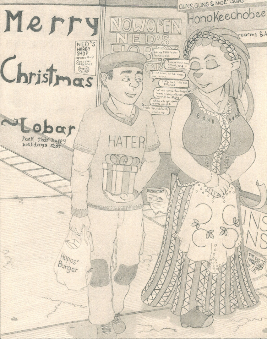 absurd_res anthro antoni_(lobar) bag big_breasts boots breasts christmas clothed clothing detailed_background dialogue dress duo english_text eyes_closed female footwear gift hair hat headgear headwear hi_res holding_object holidays human ka_sarra laurel_wreath lobar looking_at_another male mammal monochrome open_mouth outside plastic_bag porcupine quills rodent shirt sidewalk sign text text_on_clothing text_on_shirt text_on_topwear topwear traditional_media_(artwork) walking