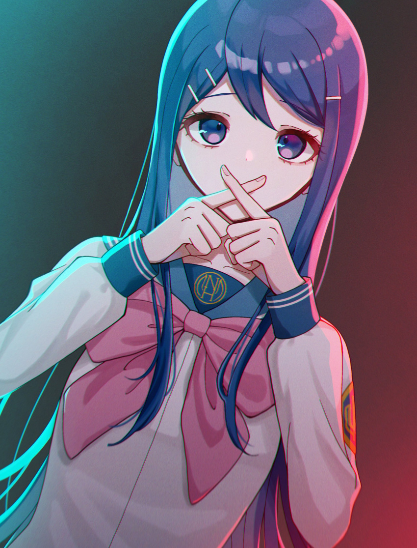 1girl absurdres bangs blue_eyes blue_hair blue_sailor_collar bow bowtie collarbone covering_mouth crossed_fingers danganronpa:_trigger_happy_havoc danganronpa_(series) gradient gradient_background green_background grey_shirt hair_ornament hairclip highres long_hair long_sleeves looking_at_viewer maizono_sayaka pink_bow pink_bowtie red_background rurero_666 sailor_collar school_uniform shiny shiny_hair shirt smile solo upper_body