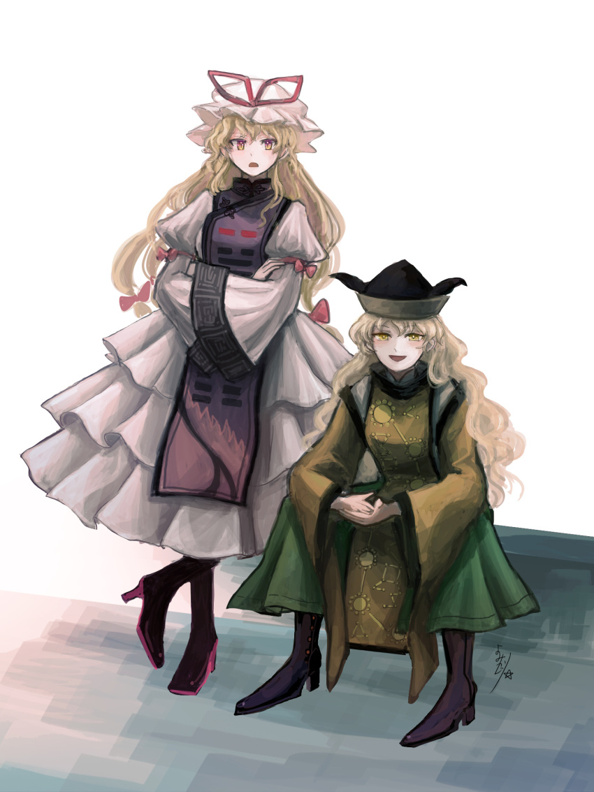 2girls bangs blonde_hair boots bow cape constellation constellation_print dress eyebrows_visible_through_hair hair_between_eyes hat highres katari long_hair long_sleeves matara_okina mob_cap multiple_girls red_bow shirt simple_background sitting skirt standing tabard touhou vest wavy_hair white_background yakumo_yukari