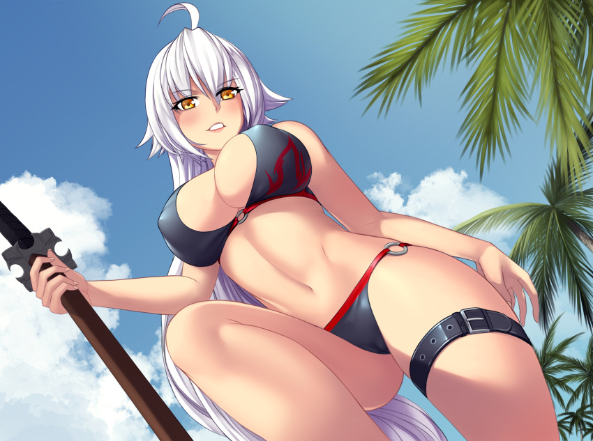 1girl bangs bare_arms bare_legs bare_shoulders belt bikini black_bikini blue_sky breasts cloud coconut_tree covered_nipples eyebrows_behind_hair eyebrows_visible_through_hair fate/grand_order fate_(series) hair_between_eyes highres holding holding_sword holding_weapon jeanne_d'arc_(alter)_(fate) jeanne_d'arc_(alter_swimsuit_berserker)_(fate) jeanne_d'arc_(fate) katana leg_belt long_hair looking_at_viewer looking_down open_mouth palm_tree silver_hair sky smile solo stomach swimsuit sword teeth toniwing tree weapon white_hair yellow_eyes