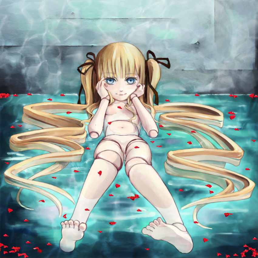 barefoot blue_eyes doll doll_joints feet foreshortening highres long_hair malcolm_x_(artist) nude rozen_maiden shinku solo twintails very_long_hair water