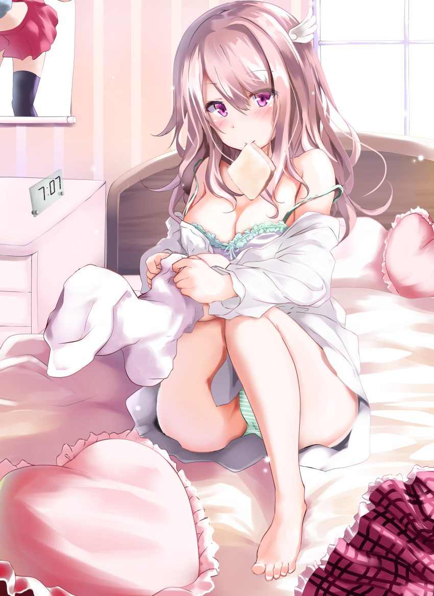 1girl absurdres ass bare_legs bare_shoulders barefoot bed black_legwear blush bra breasts cleavage commentary_request crop_top day dressing food food_in_mouth foreshortening frilled_bra frilled_skirt frills hair_between_eyes head_wings heart heart_pillow highres indoors kuromiko_shoujo large_breasts leaning_forward leg_up long_hair long_sleeves looking_at_viewer midriff miniskirt moe2019 mouth_hold off_shoulder on_bed original pillow pink_skirt plaid plaid_skirt poster_(object) purple_eyes red_skirt shirt sidelocks silver_hair skirt solo strap_slip thighhighs thighs toast toast_in_mouth underwear white_bra white_legwear white_shirt window zettai_ryouiki